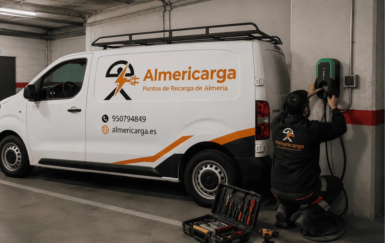 Técnico de Almericarga instalando un punto de recarga para coche eléctrico en un garaje de Almería